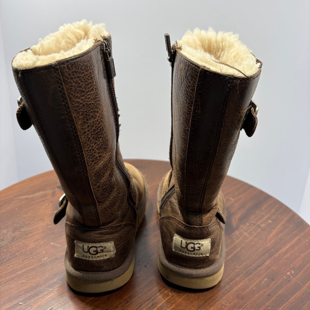 UGG Kensington Snow Boots Girls Size 13 Brown Leather Sherpa Lined Zip Winter - Picture 4 of 7